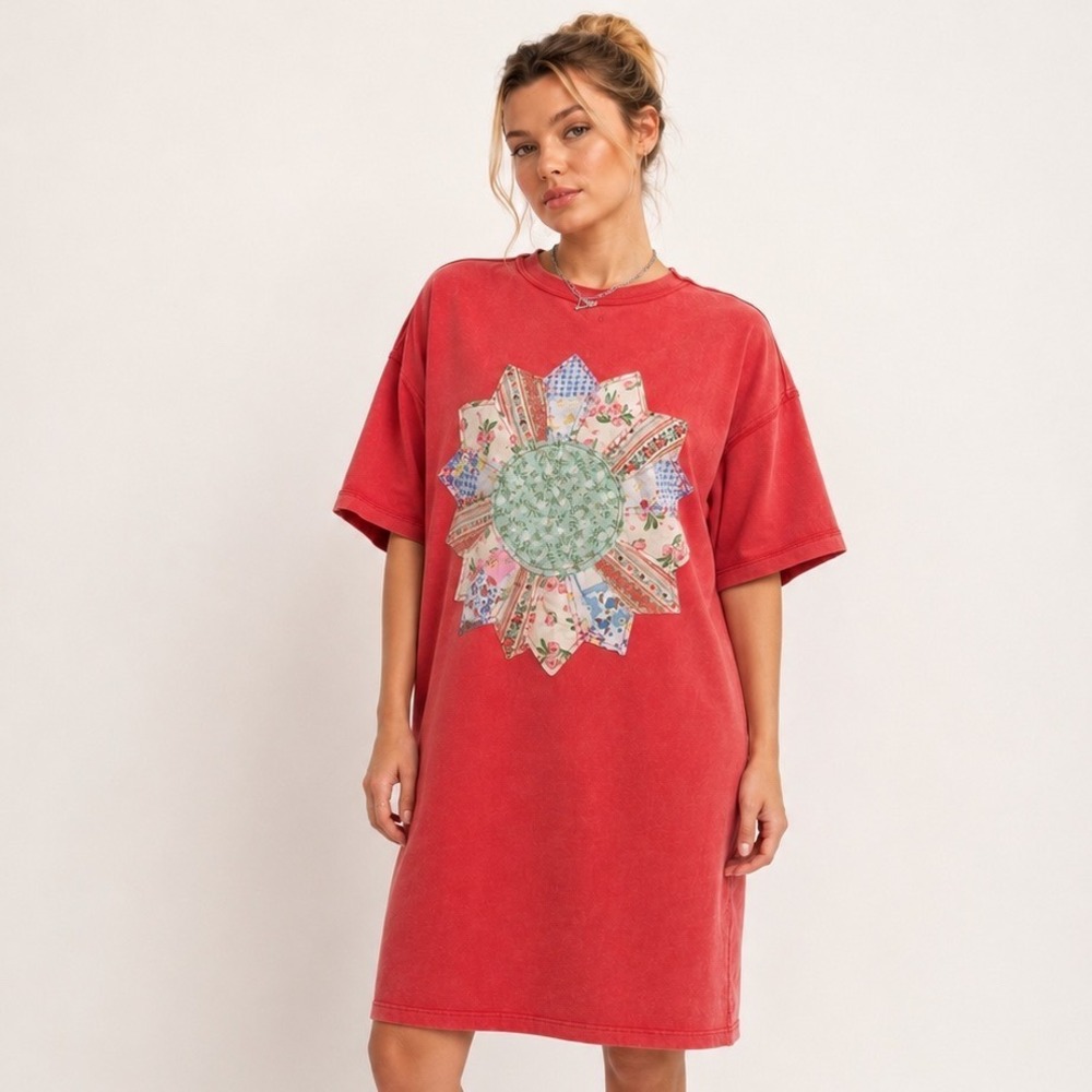 Easel Patchwork Floral Dress Womens Size S Red Mineral Wash Cottagecore Casual